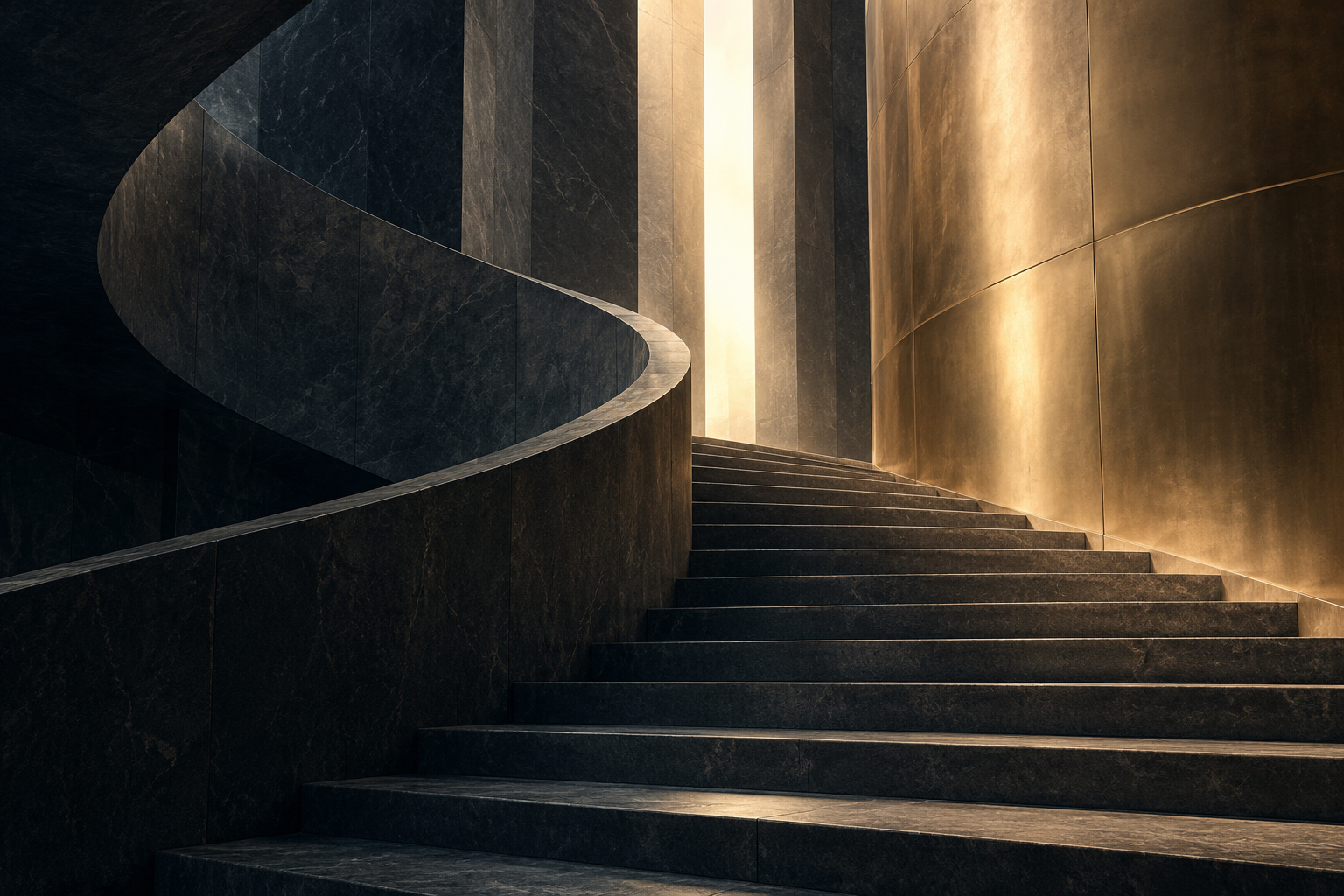 Escalera escultórica de piedra oscura junto a un plano de luz dorada